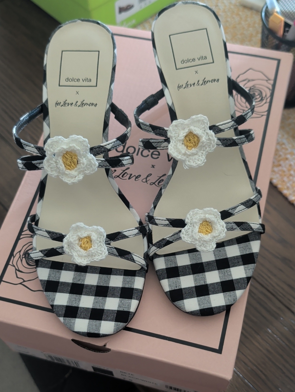 Dolce Vita Black & White Gingham Slide Sandals with Crochet Floral Appliqués